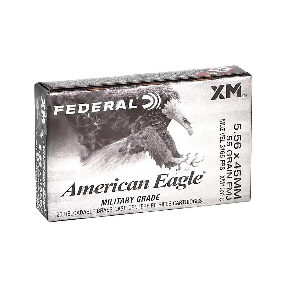 Federal American Eagle Rifle Ammunition 5.56X45 NATO 55gr FMJ 3165 fps 20/ct